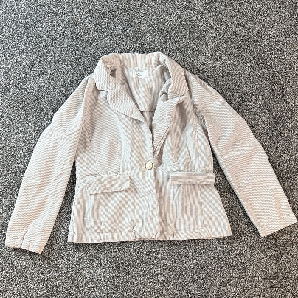 Sage The Label Linen Cotton Striped Single Button Women’s Blazer Coat XS Beige